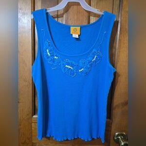 Ruby Rd. Blue Tank Top with Floral Embroidery